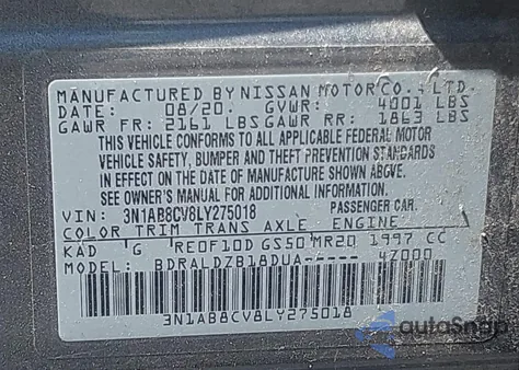 2020 Nissan Sentra Sv Xtronic Cvt z USA, uszkodzony, nr VIN 3N1AB8CV8LY275018